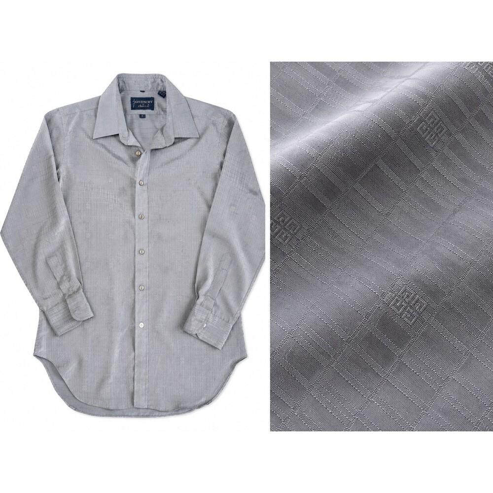 Vintage Givenchy for Chesa Gray All Over Logo Jacquard Dress Shirt Mens M 70s